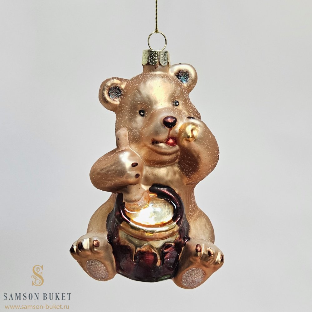 Елочная игрушка медвежонок с бочонком меда